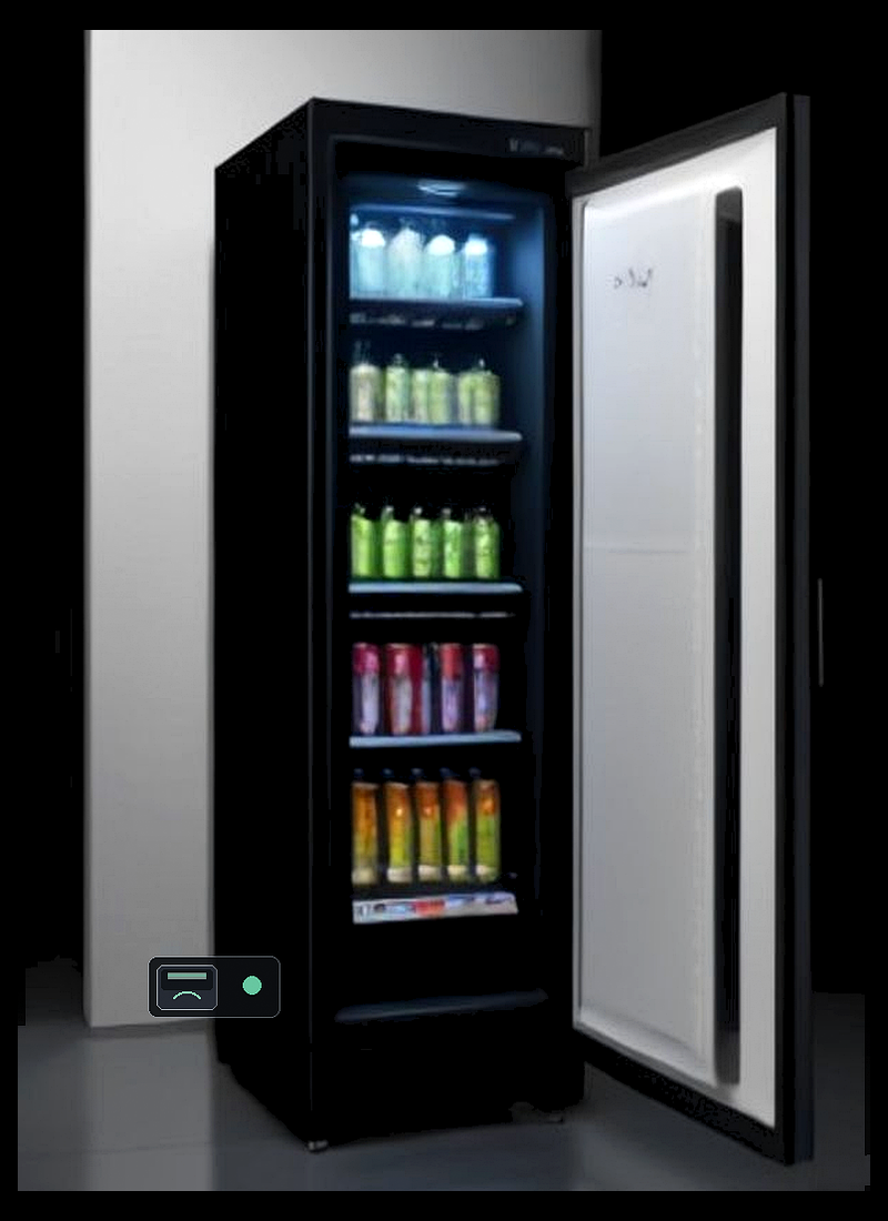 Photoreal glass-door smart cooler stocked with refrigerated drinks and snacks, card reader on the cabinet
